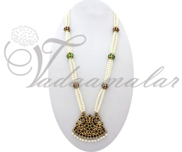 Beautiful Original Temple Jewelry long Neklace Original Kemp red  green stones With Pearls  for Bharatanatyam Dance
