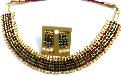 Dance Red Green Choker Necklace Earrings Temple Jewelry Set Ornament