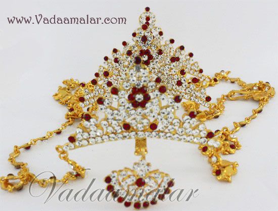 Maang Crown Tikka Cutti in White and Red stones Tikka India Bridal 3 step Head Set