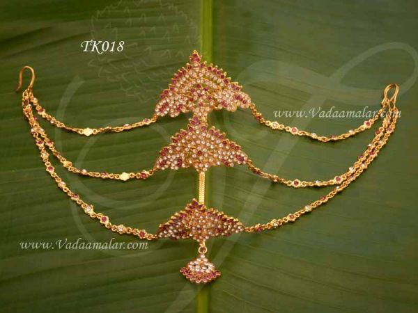  Maang Crown Chutti Tikka White With Pink India Bridal 3 step Head Set Buy Now 5 inch