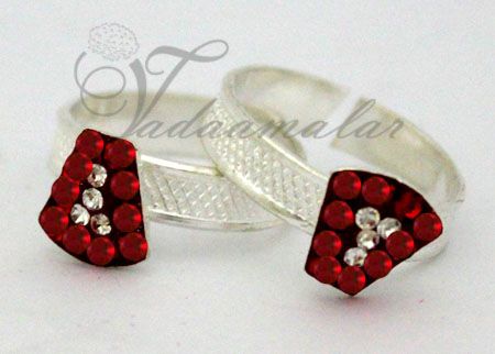 Bichiya Metti silver color  with Red enamel white metal.  Indian Style Toe Ring Feet Jewelry - 1 pair