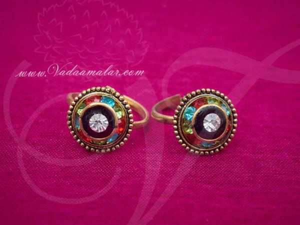 Oxidised Gold  Bichiya Indian Style Multi Colour Toe Ring Metti Feet Jewelry - 1 pair