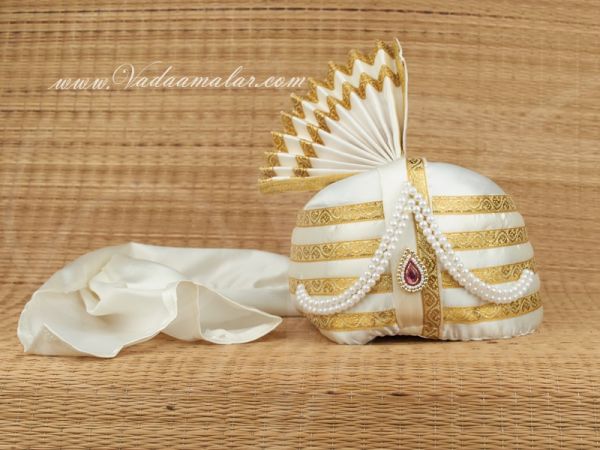 White with Gold Color Turban Crown with gold trim,Bollywood, weddings,fancy dress 6 inches