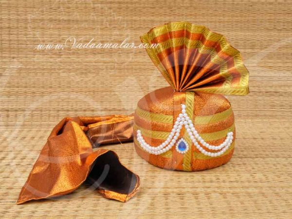 Orange with Gold Color Turban Crown with gold trim, bollywood, weddings, fancy dress Buy Now