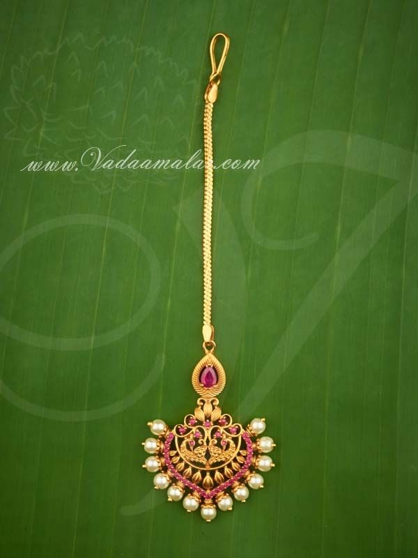 Antique matte Gold finished ruby tikka Maangtikka  temple jewelry Chutti South Indian jewelry Antique tikka   tikka